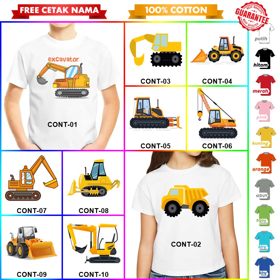 [FREE NAMA!!] Baju Kaos ANAK DAN DEWASA EXCAVATOR ESKAVATOR TRAKTOR TRUCK BANYAK MOTIF