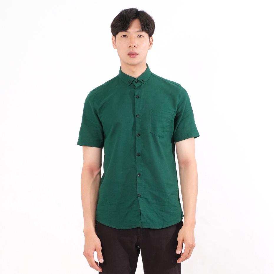 SANVANINA Kemeja Pria Lengan Pendek SlimFit Hijau Tua | Short Basic Rami Dark Green E-1507D