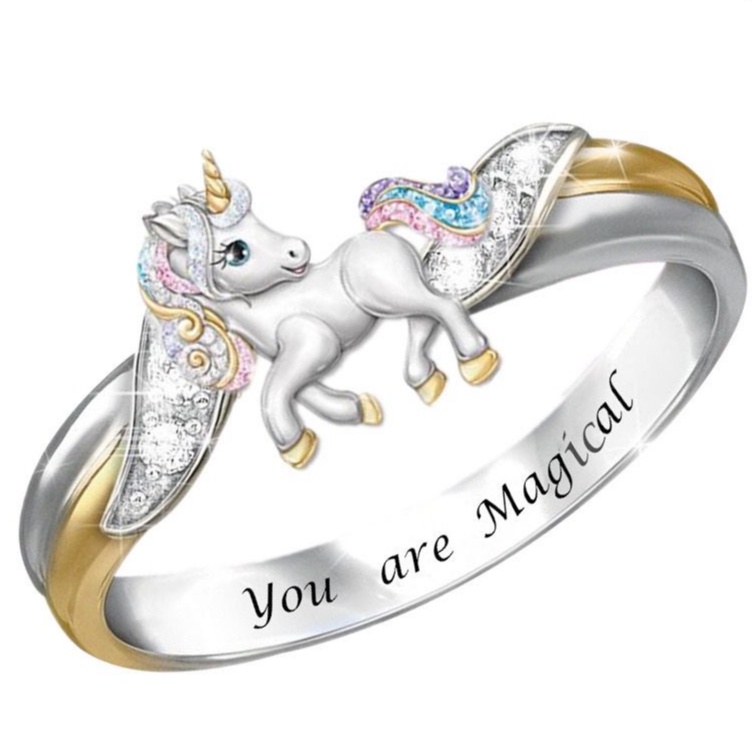 Cincin Anak Diamond Timbul Gold Silver Cewek Unicorn Pink Mainan Rainbow