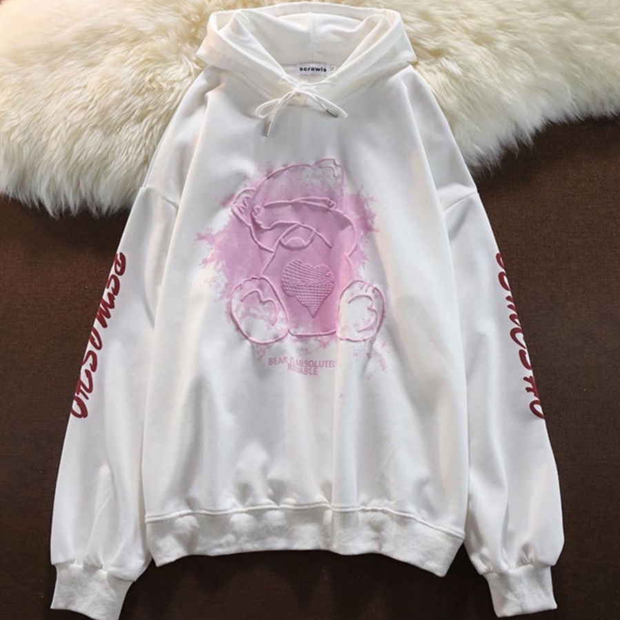 [littlecrab] Hoodie Oversize Bear Tutup Mata Splash Lucu Imut Hoodie Pink Bordir Timbul Elegan Bemesho Bear is Absolutely Reliable Cute Couple Unisex Hoodie Street Style Teddy Bear Hide And Seek Korean Style