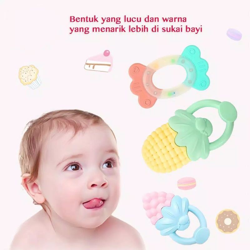 Mainan Bayi Edukasi Baby Rattle Shaking Bell Toy Teether Silikon Plastik