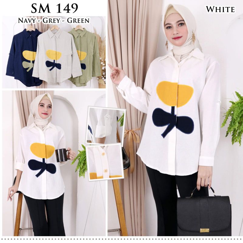 Atasan Kemeja Katun Linen Import Polos Bordiran Aplikasi Bunga Keren LaTtE#149