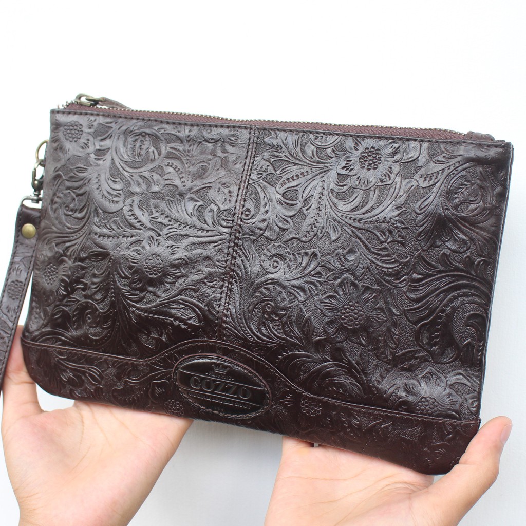 CLUTCH WANITA KULIT ASLI NEVARA BATIK DARK BROWN / FREE GRAVIR NAMA