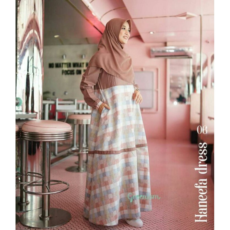 Gamis Muslimah Katun Kotak Kotak Haneefa Dress Greenism