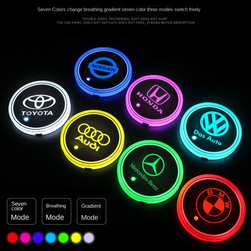 7warna LED Mobil Cup Holder Light USB Luminous Coaster Kap Lampu Suasana Hias Cahaya Non-slip Pad Warna Warni Lampu Coaster Lampu Mobil