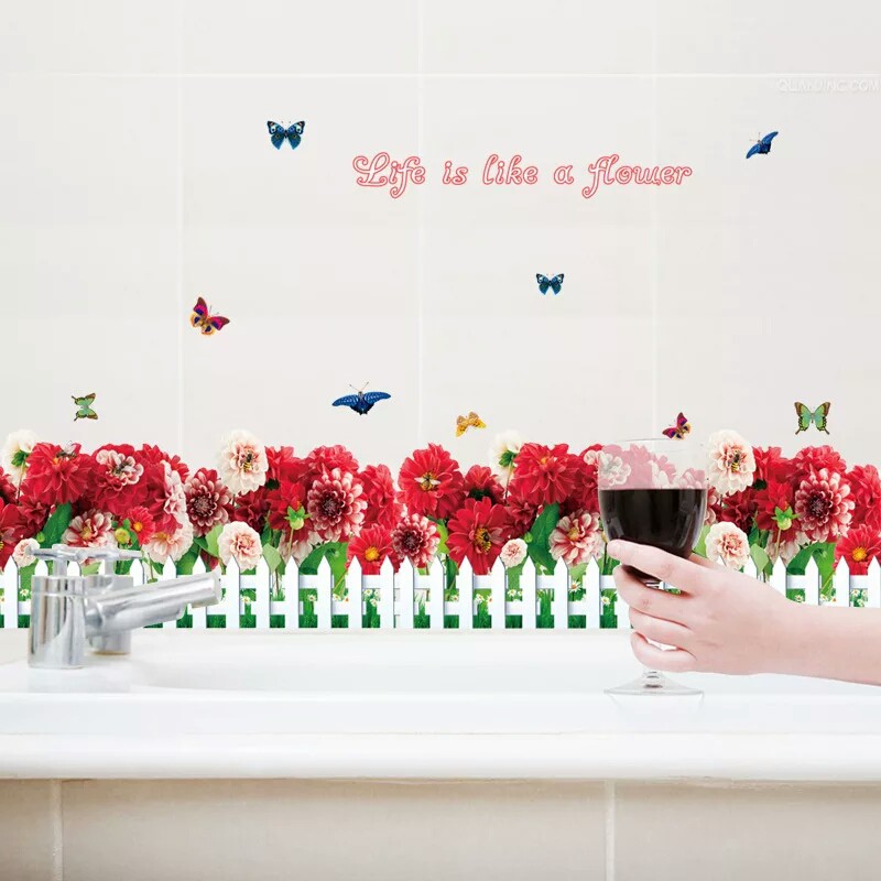 RELIZA WALL STICKER RUMPUT PAGAR PUTIH BUNGA GRASS RED FLOWER STIKER DINDING SK7002