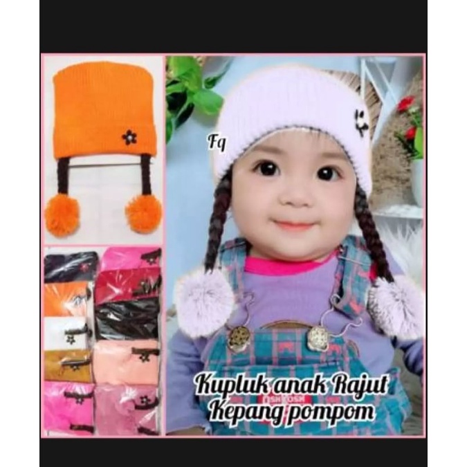 Kupluk Anak Model Kepang Pompom / Kupluk Bayi Lucu / Kupluk Bayi Perempuan 0 bulan - 2 Tahun / Kuplu