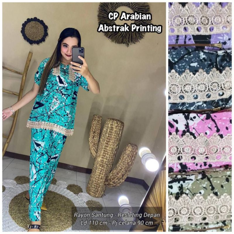 CP ARABIAN ABSTRAK PRINTING ONE SET PIYAMA BAJU TIDUR RENDA ARAB
