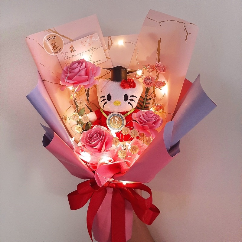 Jual Bouquet Bunga Kertas Boneka Wisuda Lampu Led Premium Doll Buket