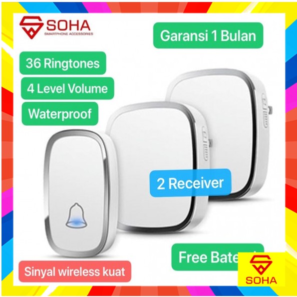 BEL-003 2 Receiver Wireless Doorbell Waterproof Lonceng / Bell Pintu / Bel Rumah Door Bell