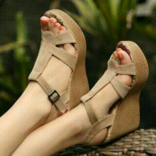 NunuLisaTan Wedges Wanita Pesta Santai Tali T-Strap TATAK BUNGA 7CM