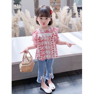 (LOLI-JKT) BS-236 SET ANAK CEWEK CLASSICAL LACE EMBROIDERED TOP + SPLIT DENIM SIZE 100-140