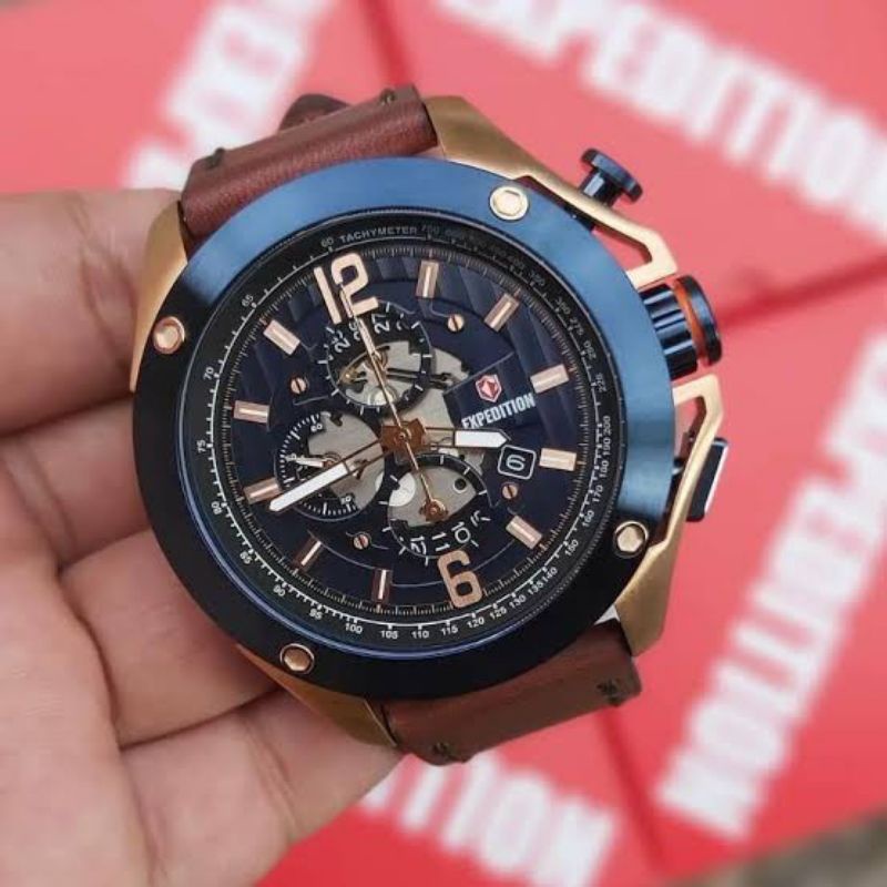 Jam Expedition E6697 Bezel biru & Rose gold strap kulit