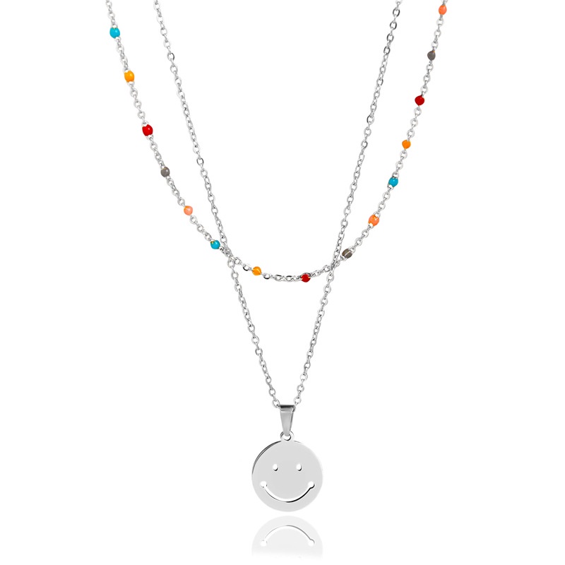 Korea Dongdaemun stainless steel light mewah smiley wajah bulat double-layer kalung wanita minyak ra