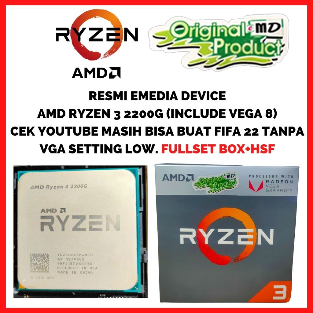 PROSESOR AMD RYZEN 3 2200G RESMI EMEDIA BOX FULSET AM4 WITH HSF ORI SUDAH INCLUDE VEGA 8 SEBAGAI VGA