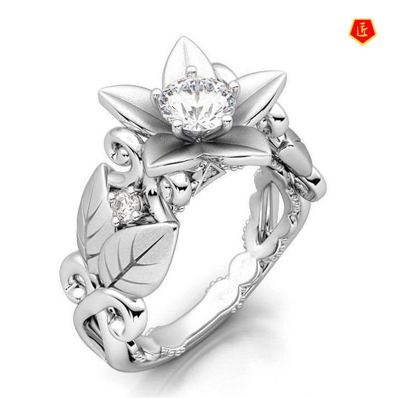 [Ready Stock]Women's Creative Leaves Rose Silver Ring