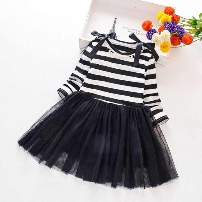 DRESS TUTU ANAK PEREMPUAN KOREAN FASHION GAUN ANAK PEREMPUAN GARIS - Hitam, M