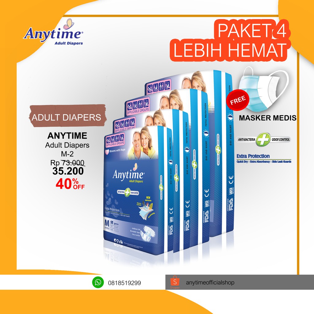 

Anytime Popok Dewasa / Adult Diapers M2 & L2 - Paket 4 Bags