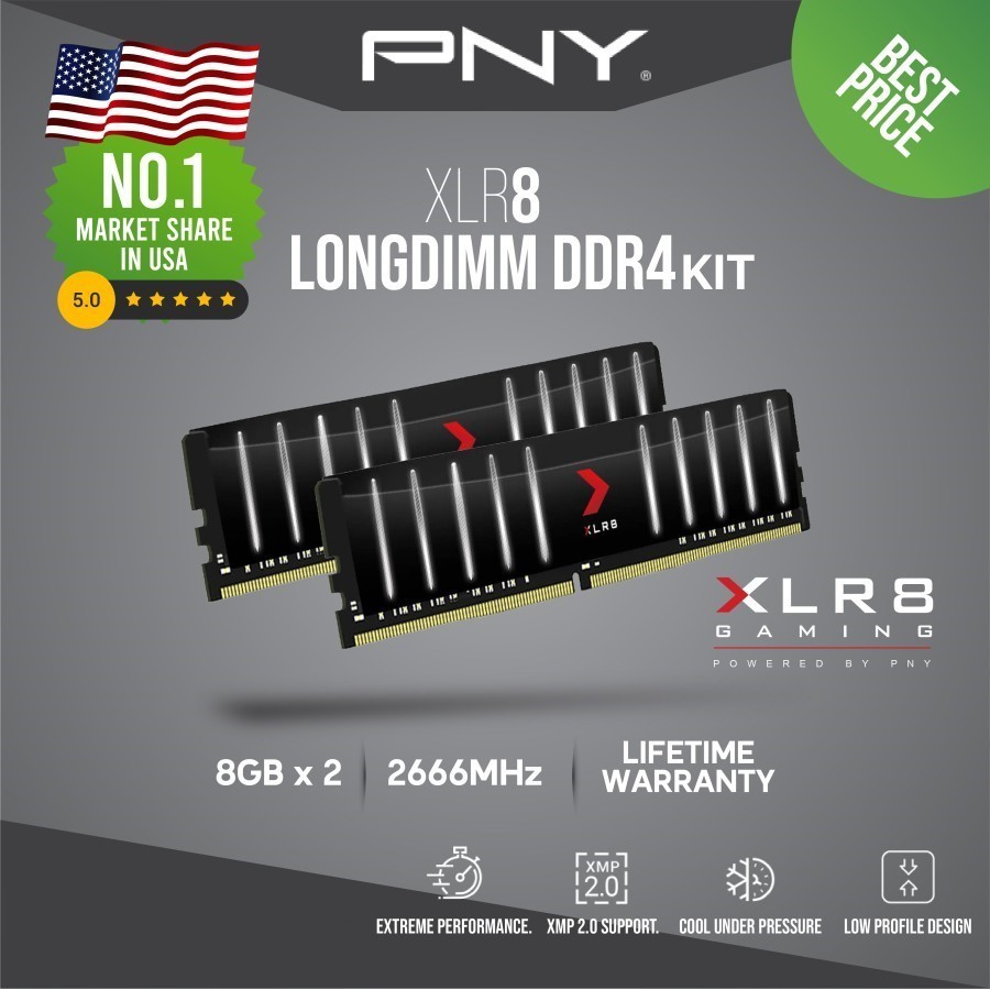 Memory PNY XLR8 Low Profile 16GB Kit 2666MHz 2x8GB Black DDR4 PC 2666
