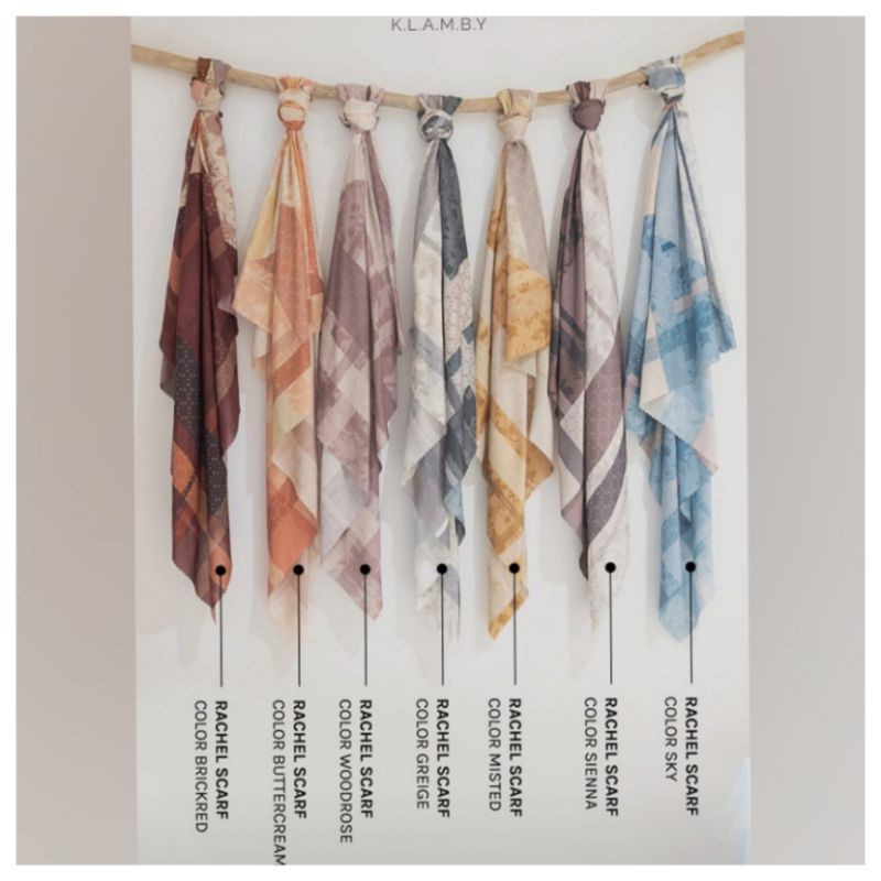 Wearing Klamby Rachel Scarf Color Brick Red Sky Greige Sienna Buttercream