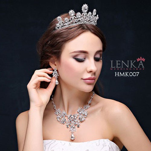 Paket Mahkota Kalung Anting Crystal l Aksesoris Royal Wedding Lenka - HMK007