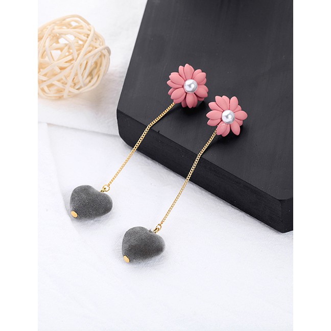 LRC Anting Tusuk Fashion Pink Flannel Pearl Love Flower Earrings D22781