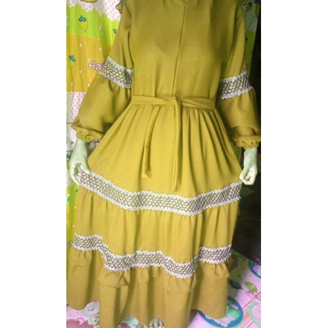 Baju gamis dewasa serut renda tali pinggang