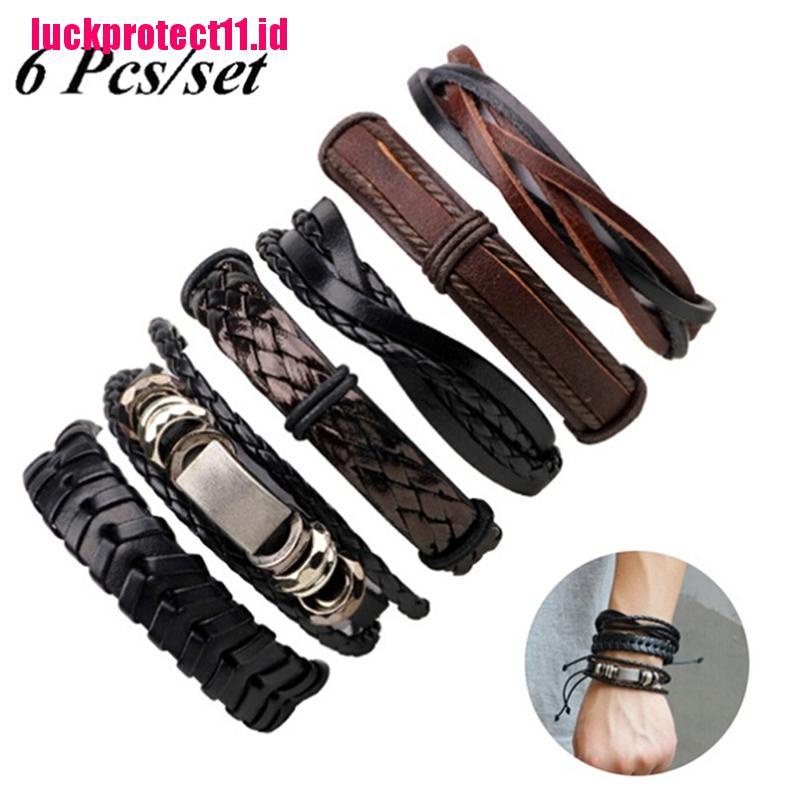 【LUCK】6 PCS/set Vintage Men Bracelet Multilayer Leather Rope Wax Rope Braided Bracelet