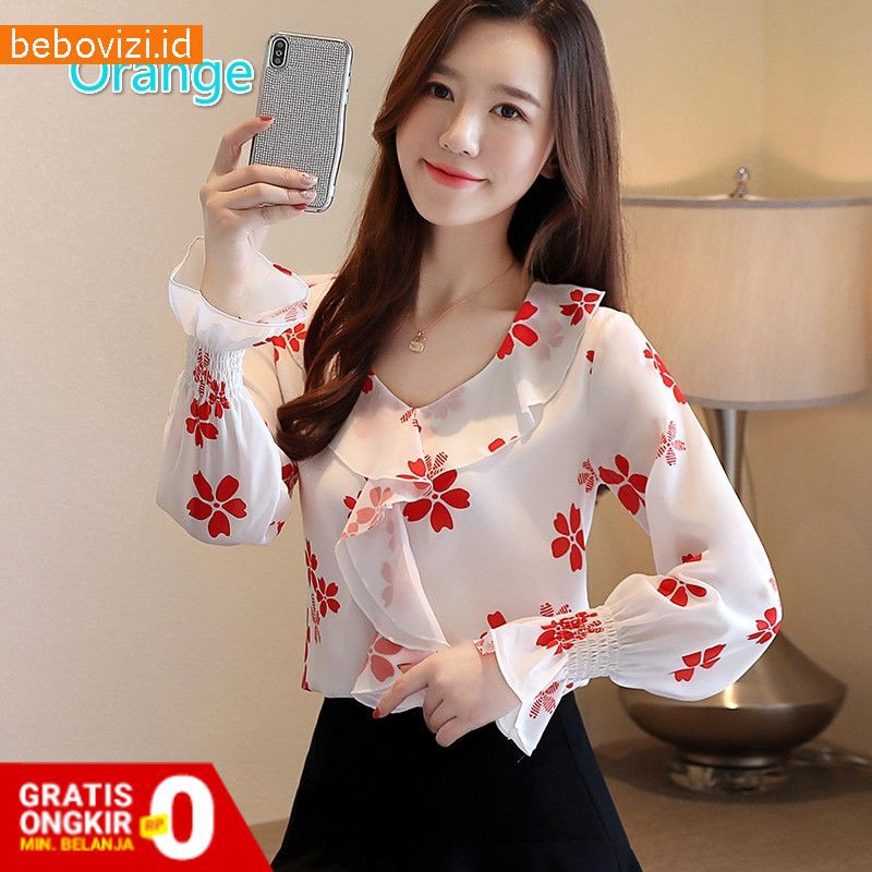 Blouse Korean Sifon Jumbo Wanita Blouse Tops Korea Summer Casual Lengan Panjang