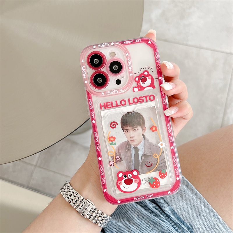 Soft Case Pelindung Transparan Desain Monster Beruang Strawberry Untuk iPhone 12 13 Pro MAX 11 X XR XS MAX 7 8 Plus