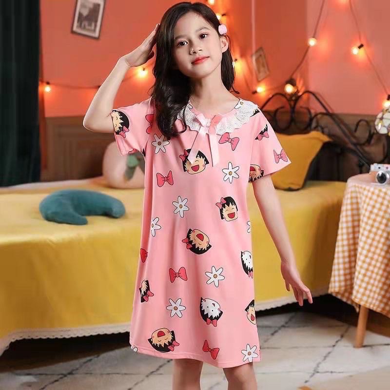 (AA-AG) Daster Anak Perempuan Lengan Pendek Renda Pita Motif Import Size 4-9th Premium