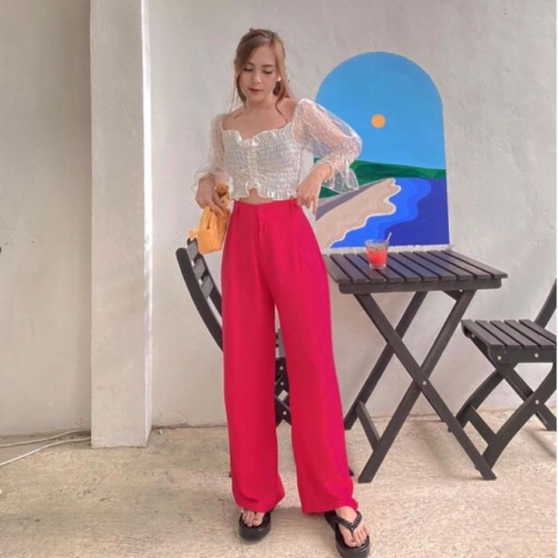 KULOT HIGHWAIST RAYON || KULOT HIGHWAIST || LOOSE PANTS FUSHCIA/BIRU ELEKTRIK/LIME/HITAM