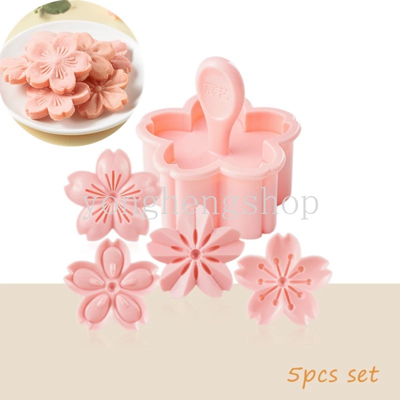 5Pcs / set Cetakan Kue / Biskuit Bentuk Bunga Sakura Warna Pink Dapat Digunakan Kembali