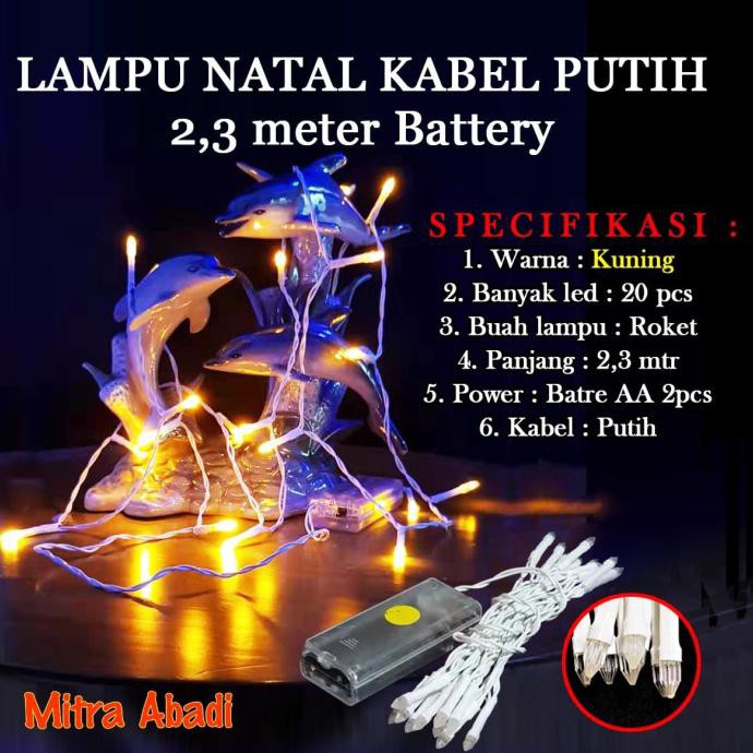 Lampu Natal LED Roket Batre/Baterai A2 Kabel Putih Panjang 2,3 Meter - Kuning
