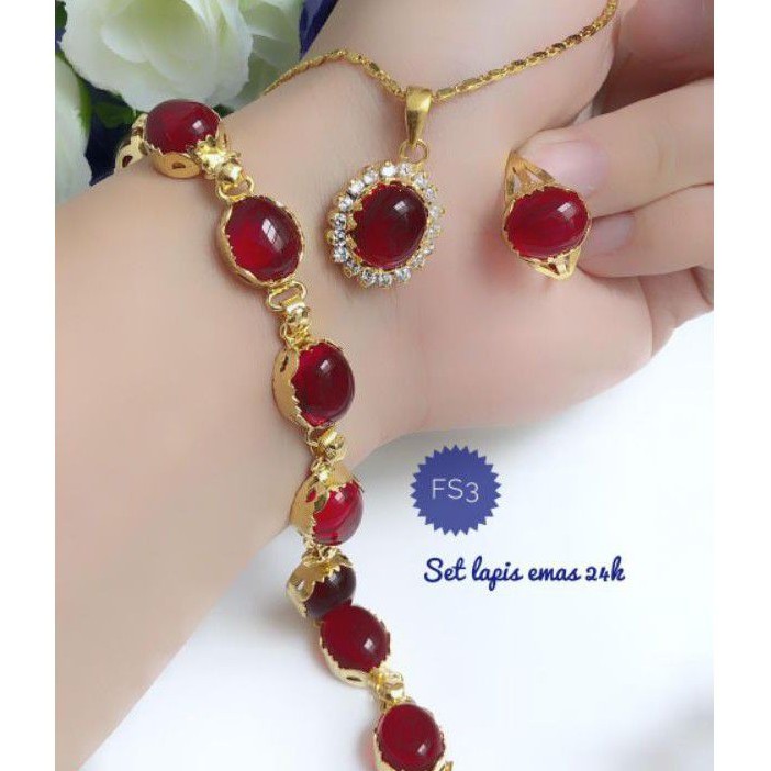 (FEB) Set Perhiasan Lapis Emas 24 Karat Xuping Gelang Kalung Cincin Batu Permata Giok Mirah Titanium