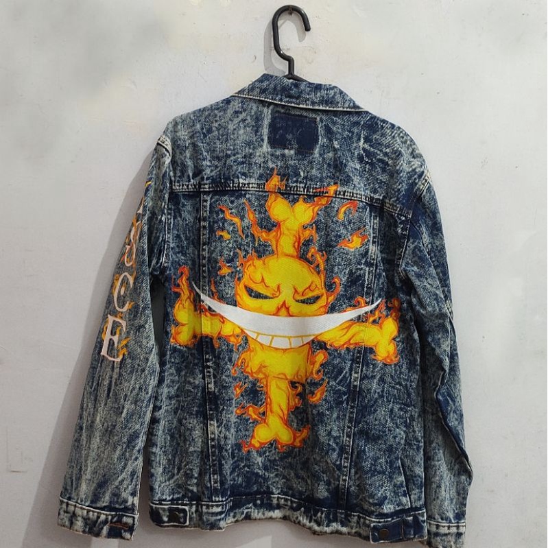 Jaket Lukis Jeans One Piece Portgas D Ace Size: L