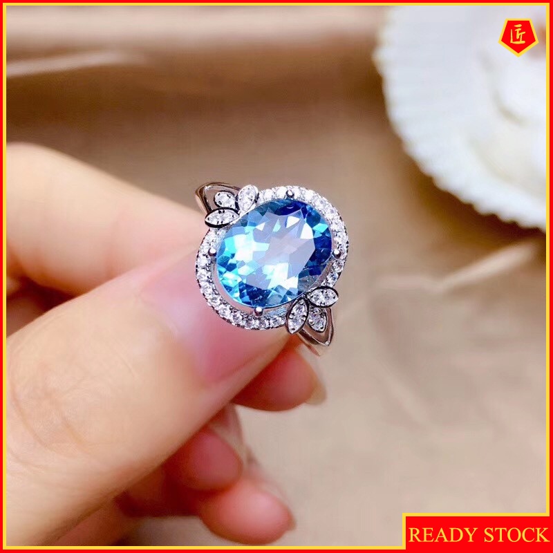 [Ready Stock]Fashionable Temperament Micro-Inlaid Oval Blue Topaz Ring