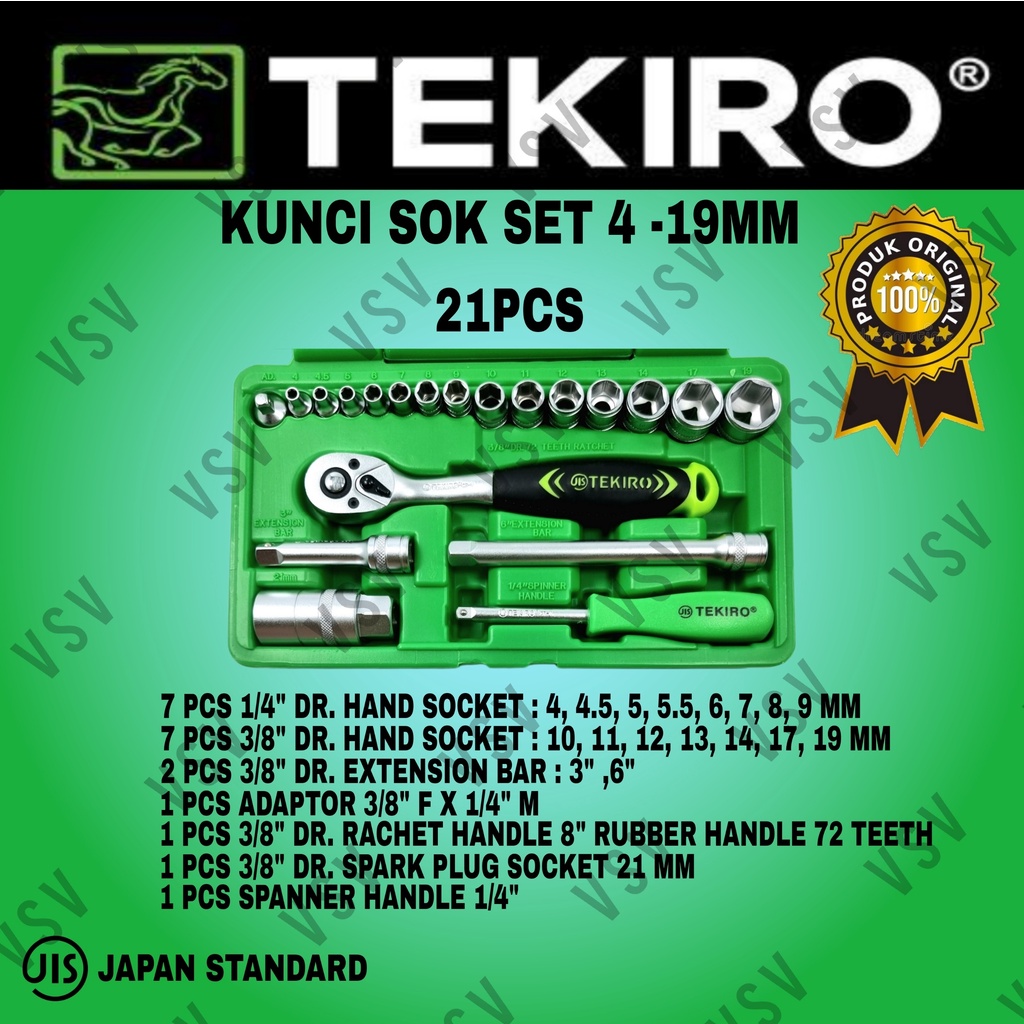 TEKIRO Kunci Sok set 4-19mm 21pcs 1/4&quot;-3/8&quot; Drive Hand Socket set 21pcs