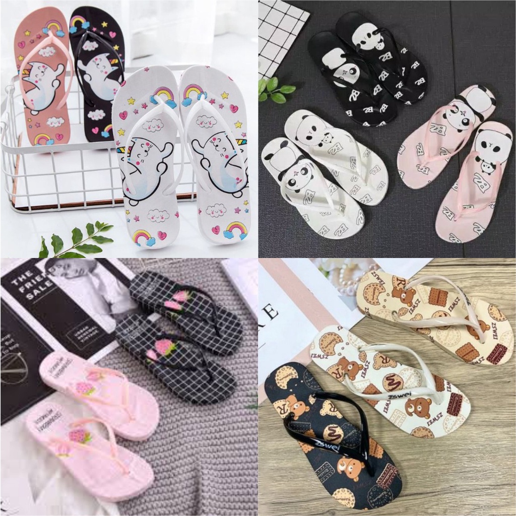 Sandal Jepit Spon Motif Panda Pelangi Strawberry Kucing Murah