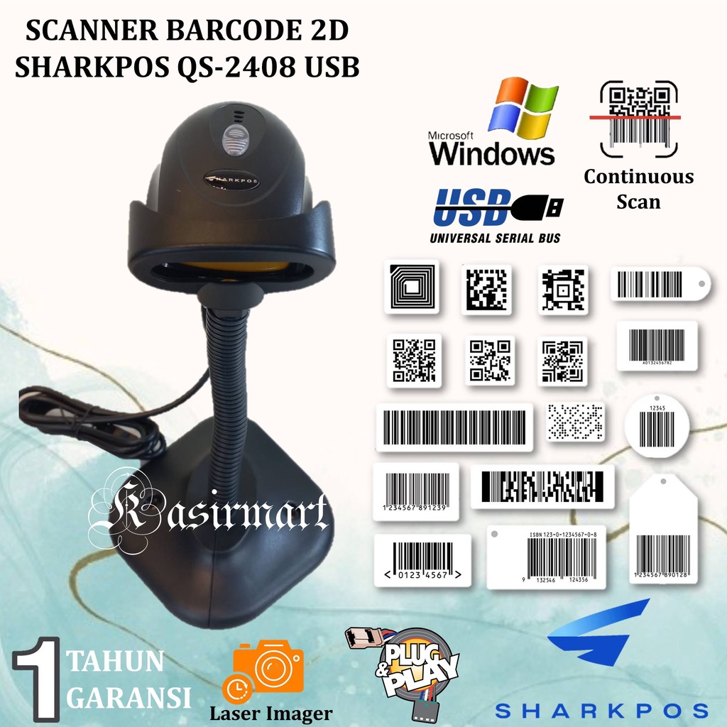 2D Barcode Scanner Bluetooth Wireless Sharkpos QS 2408 USB Bluetooth Plus Stand Scan Barcode Barang QR EFaktur Resi Pengiriman Expedisi Gudang