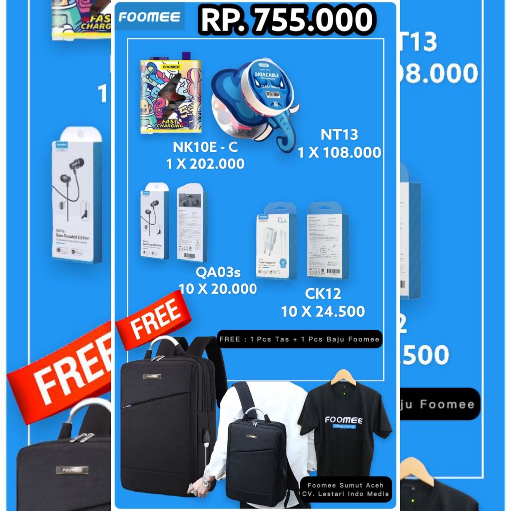 Promo Paket FOOMEE Reseller Gratis 1Pcs Tas Ransel + Kaos Baju ( NK10e Type C x1, NT13 x1, Qa03s x10
