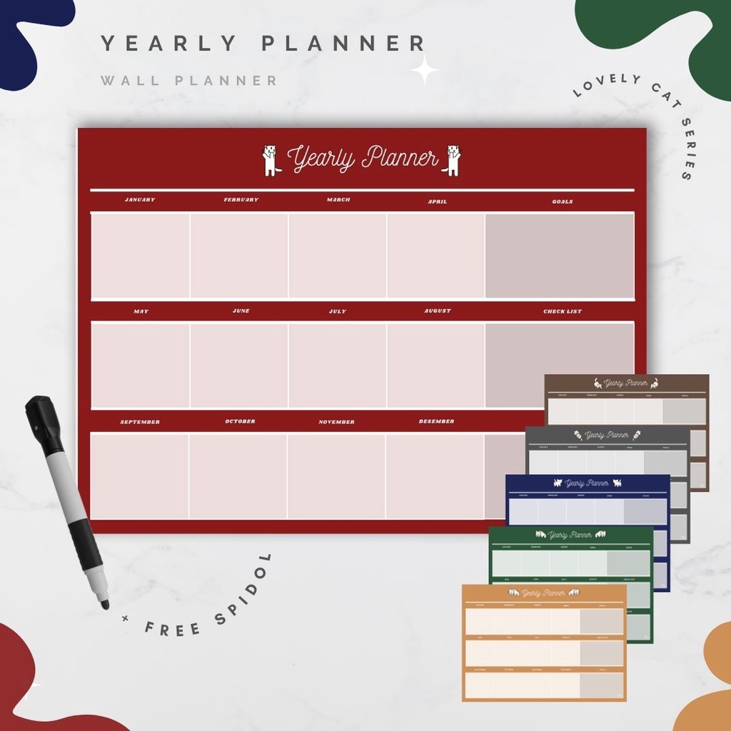 

Wall Planner Solucine - Lovely Cat Series - Yearly Planner, Monthly Planner, Weekly Planner - Free spidol + Reuseable - A3 / A4