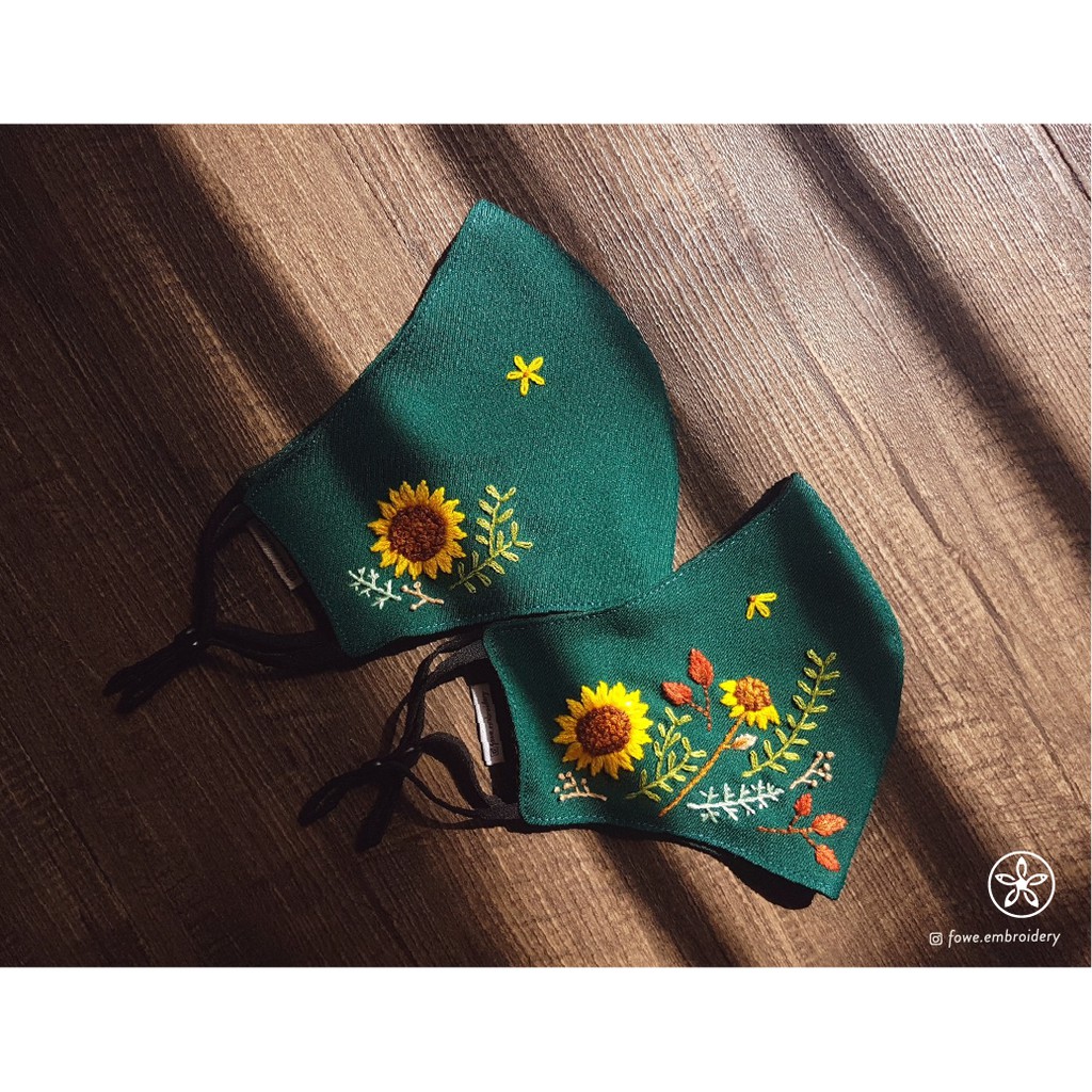 Masker Bordir Tangan Sulam Bunga Matahari Hijau Unik Fashion Trendy Dapat. Dicuci 3 Ply  Bahan Bagus