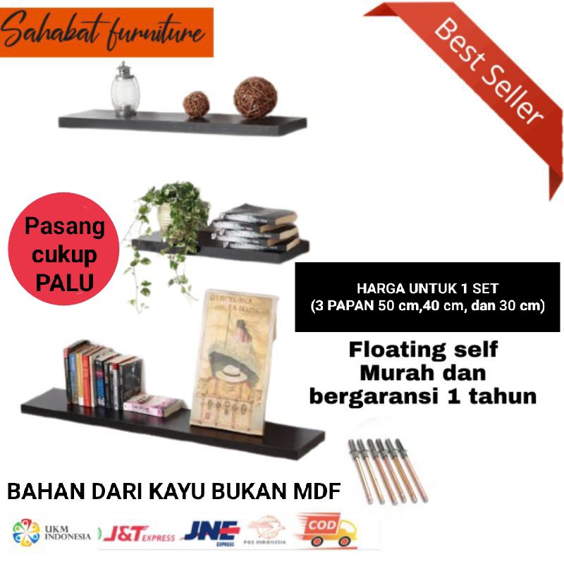 Rak dinding kayu Lebar 8,5 cm 1 set Floating shelves ambalan 50cm 40cm 30cm