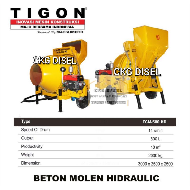 Mesin Molen Mixser Tigon TCM-500HD Beton Molen Hydraulic TCM-500 HD