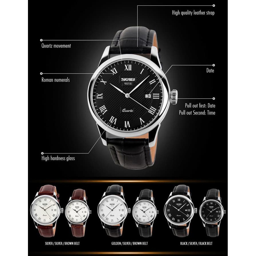 Jam Tangan Cowok / Jam Tangan Pria Clasic SKMEI 9058 Original Anti Air - Hitam Putih Terbaru