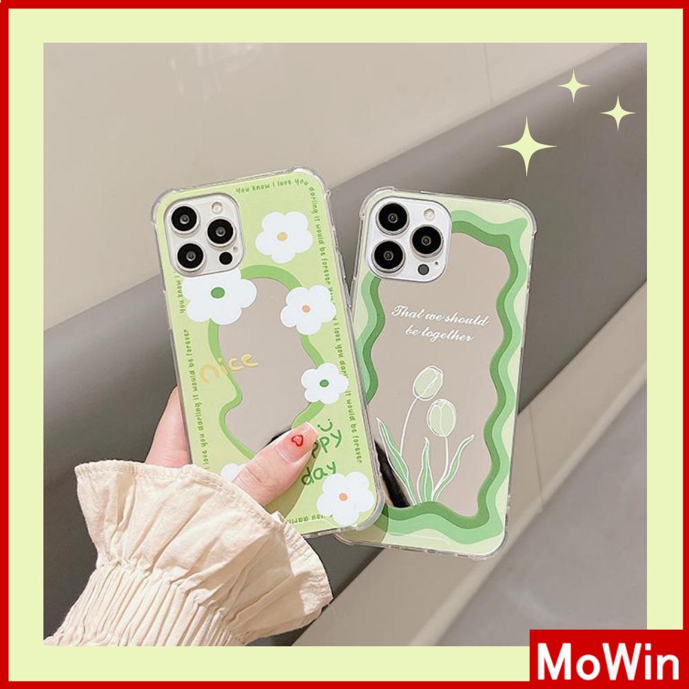 iPhone Case Acrylic HD Mirror Airbag Shockproof Protection Camera Cute Line Green Flowers Compatible For iPhone 11 iPhone 13 Pro Max iPhone 12 Pro Max iPhone 7 Plus iPhone xr