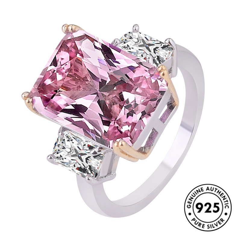 Cincin Silver S925 Hias Kristal Persegi Warna Pink Untuk Wanita