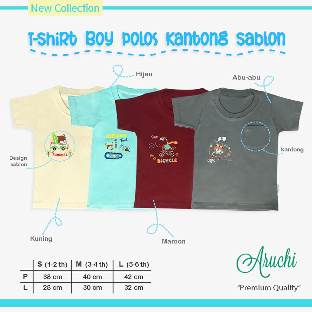 1pcs TSHIRT POCKET TEE SABLON / POLOS ARUCHI BOY &amp; GIRL SNI 1-6 Tahun