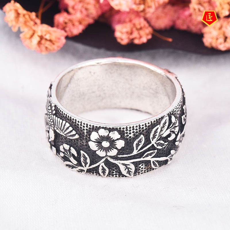 [Ready Stock]Vintage Neutral Silver Black Flower Bird Ring